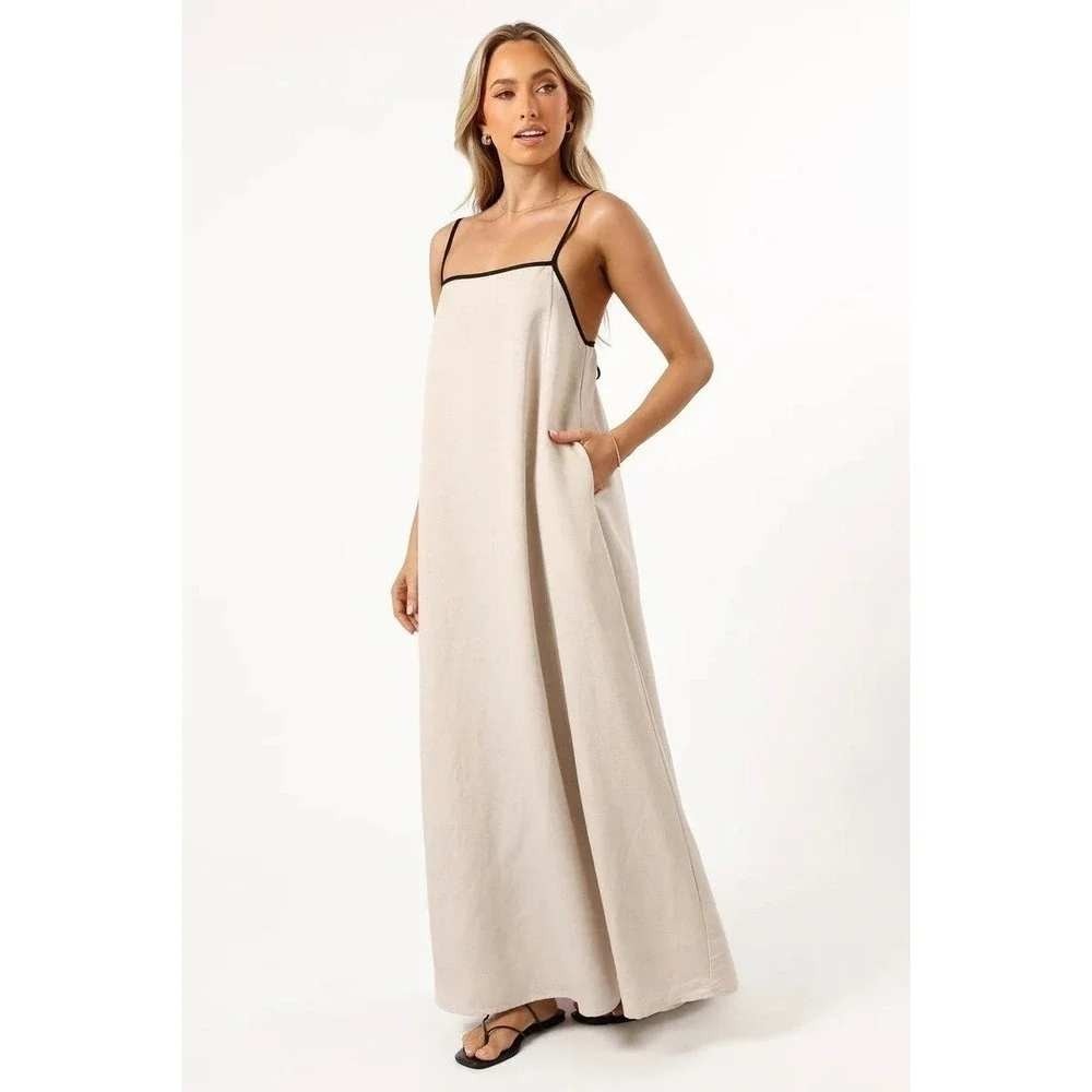 MVN Elliana Maxi Dress Beige Black Trim Linen Blend Relaxed Small